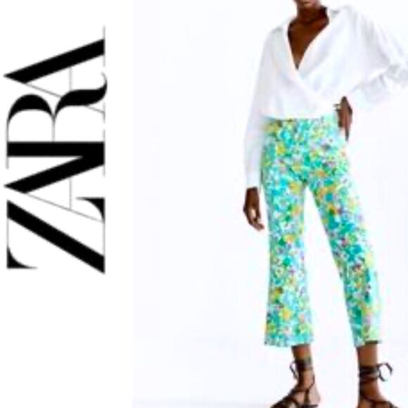 Zara Colorful Floral Retro Inspired Linen Blend High Rise Cropped Ankle Pants - Picture 1 of 16